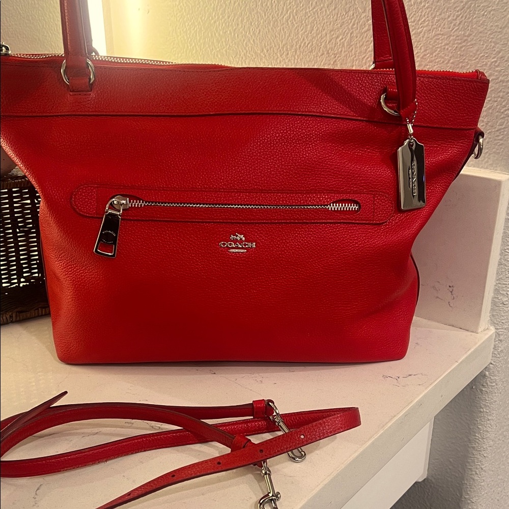 Coach Vibrant Red Leather Tote with crossbody strap.  silver tag &hardware